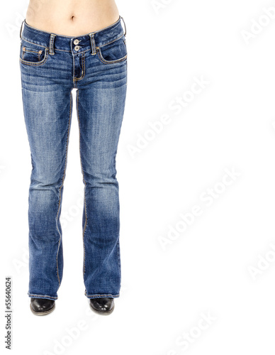 Woman Wearing Flared Blue Jeans Isolated on White