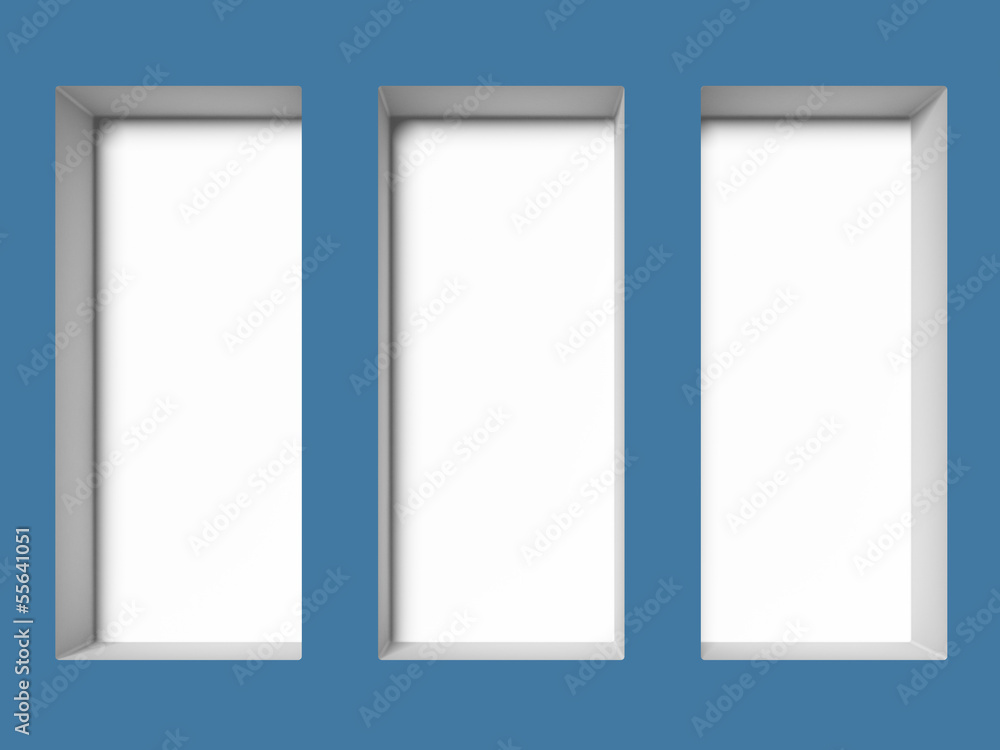 three blue empty showcases three blue empty showcases