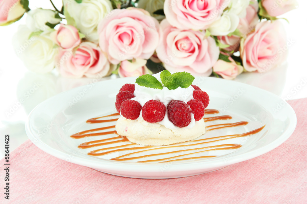 Tasty meringue cake with berries, close up Tasty meringue cake with berries, close up