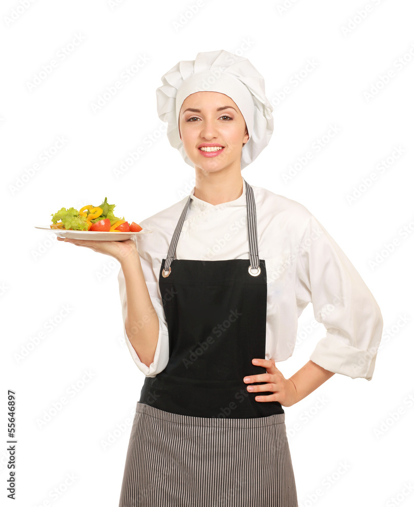 Pretty cook chief holding salad, isolated on white bakground Pretty cook chief holding salad, isolated on white bakground