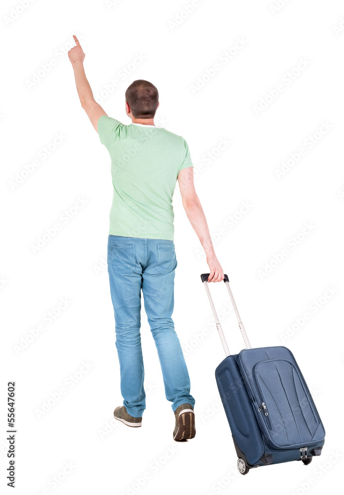 back view of walking man with suitcase. back view of walking man with suitcase.