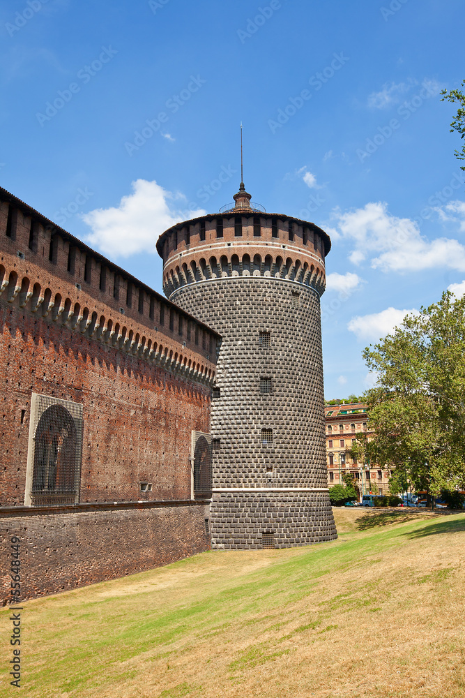 Corner tower of Sforza Castle (XV c.). Milan, Italy