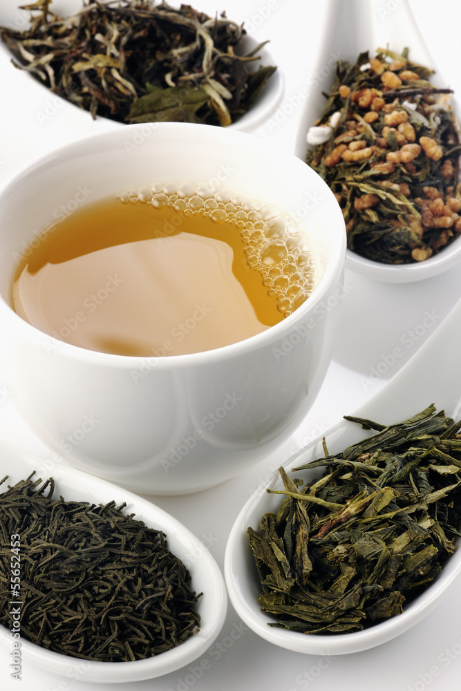 Fototapeta premium Different sorts of green tea and cup