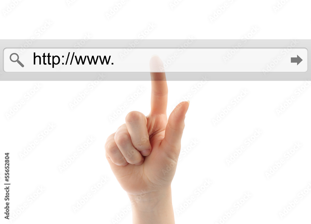 Hand pushing virtual search bar on white background - obrazy, fototapety, plakaty 