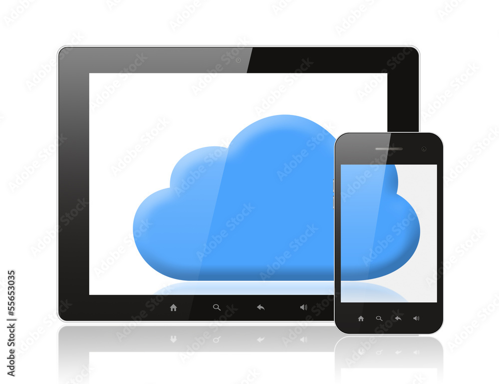 Tablet PC and smart phone with blue cloud on white background Tablet PC and smart phone with blue cloud on white background