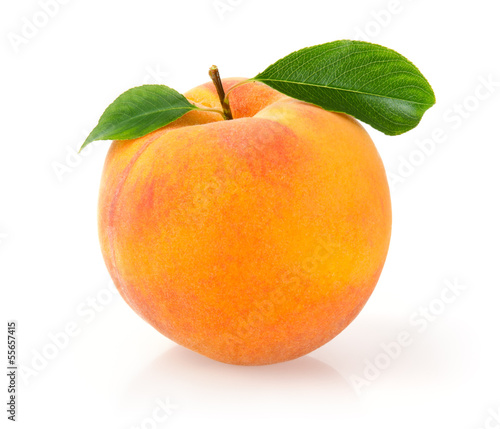 Single Peach with Leaf Isolated on White Background