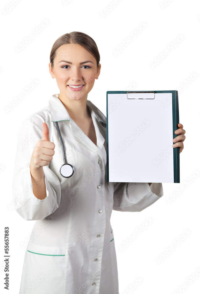woman doctor with a blank form for advertising woman doctor with a blank form for advertising