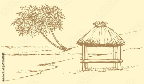 Vector seascape. Palm trees near bungalow on the seashore