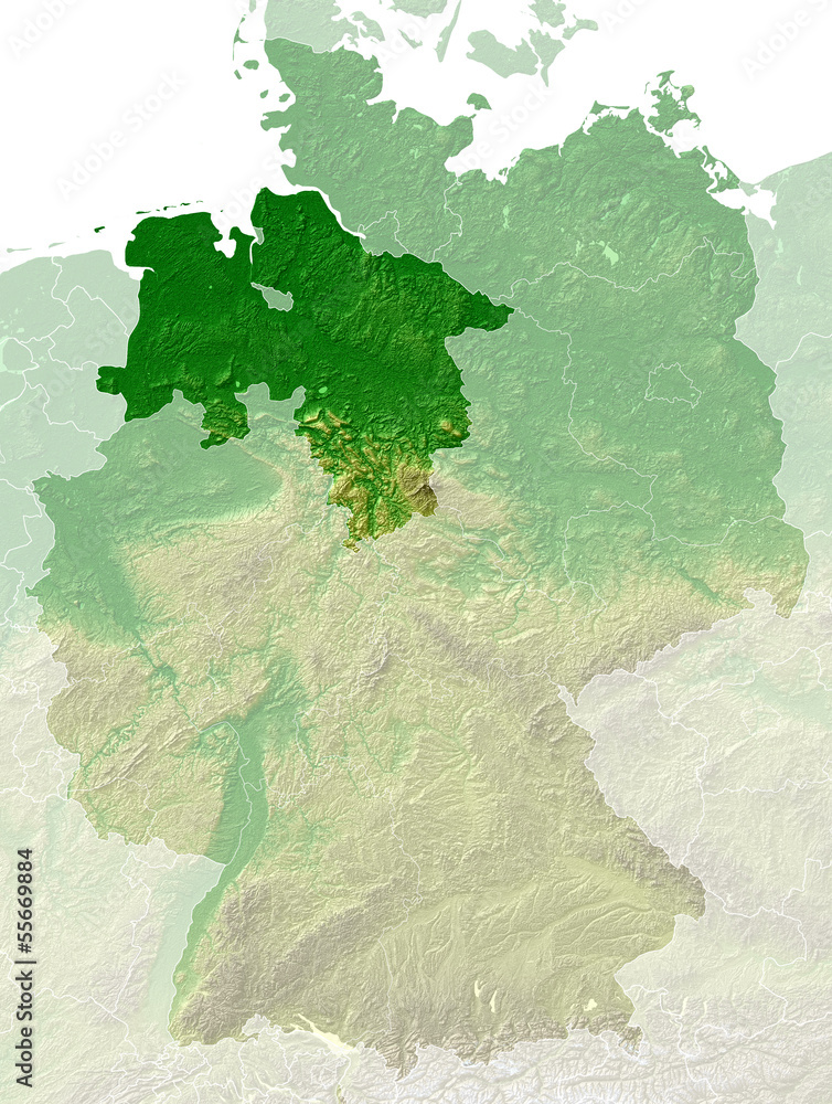 Niedersachsen - topografische Relief Karte Deutschland Umland