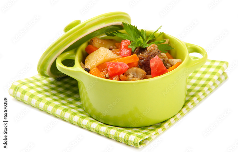 Homemade beef stir fry with vegetables in color pan, isolated Homemade beef stir fry with vegetables in color pan, isolated