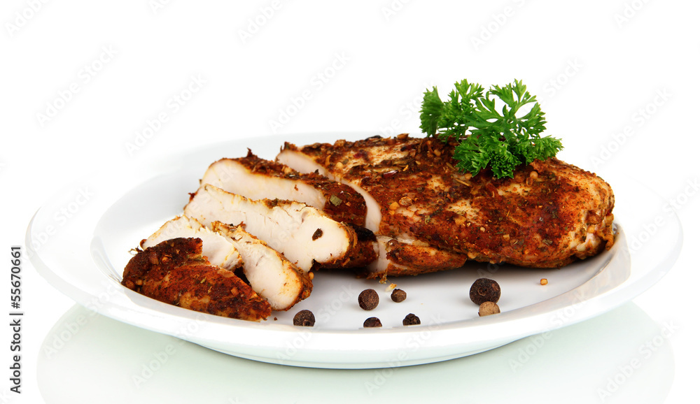 Roasted chicken fillets on white plate, isolated on white Roasted chicken fillets on white plate, isolated on white