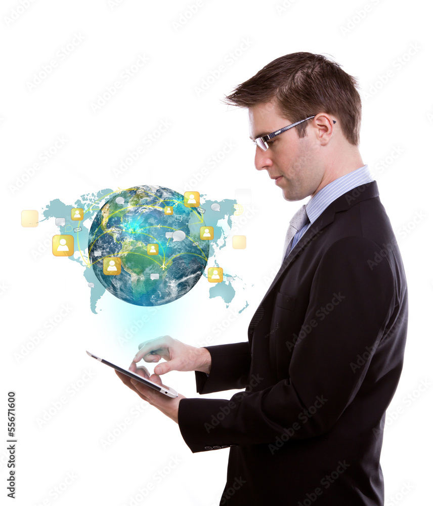 Social Network concept : Portrait of young business man using a Social Network concept : Portrait of young business man using a