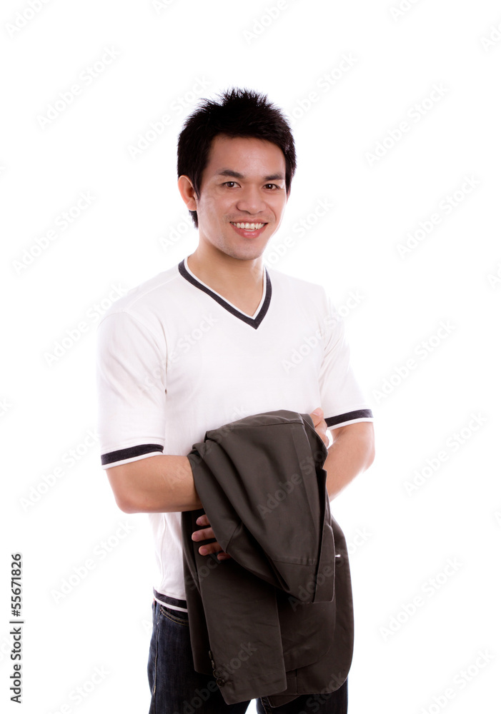 Portrait of a young man leaning against wall isolated on white b Portrait of a young man leaning against wall isolated on white b