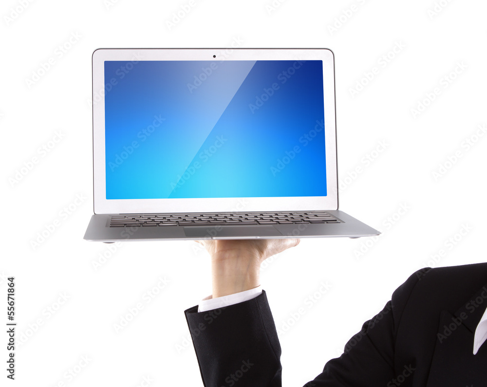 Business person holding an open laptop isolated on white backgro Business person holding an open laptop isolated on white backgro