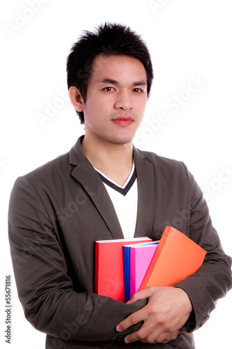 Portrait of a man holding books Isolated on white background