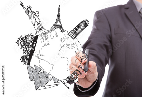Businessman drawing  World travel (Japan,France,Italy,New York,I