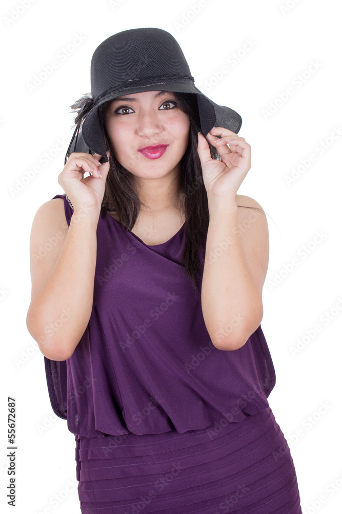 Beautiful hispanic girl wearing a hat smiling isolated on white Beautiful hispanic girl wearing a hat smiling isolated on white