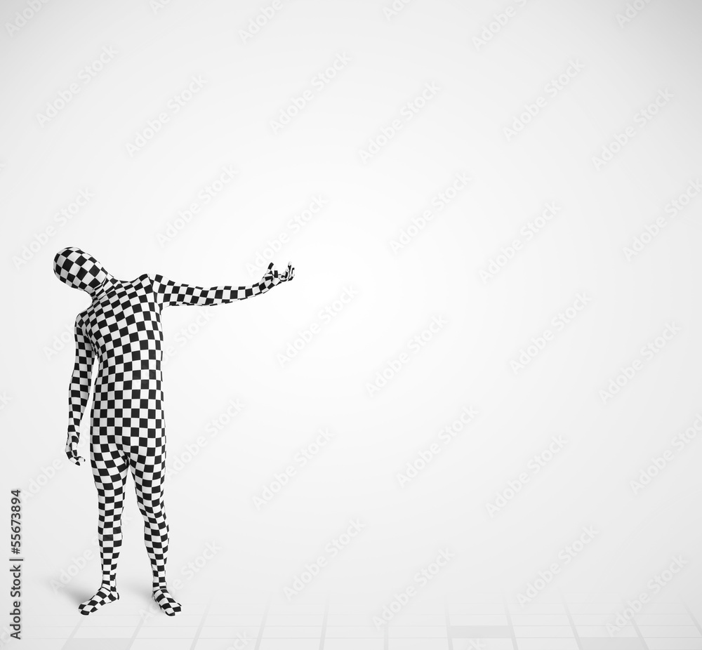 Funny guy in morphsuit body suit looking at copy space Funny guy in morphsuit body suit looking at copy space