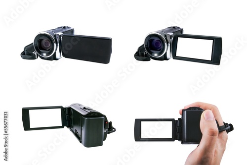 High definition camcorder set with view screen, isolated on whit photo