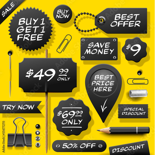 Set of sale labels, badges and supplies, vector Eps10 image.