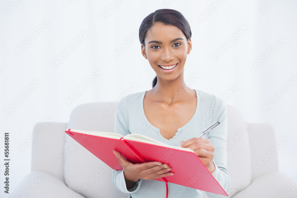 Cheerful attractive woman sitting on cosy sofa writing Cheerful attractive woman sitting on cosy sofa writing