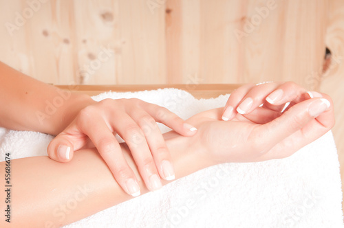 woman hands in sauna or spa