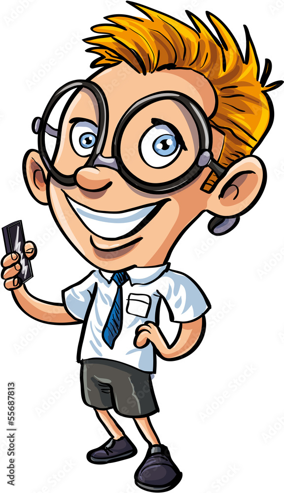 Cute cartoon nerd with mobile phone