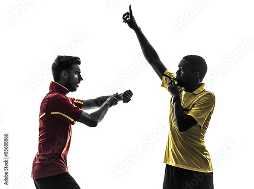 two men soccer player and referee blowing whistlecard silhouette photo