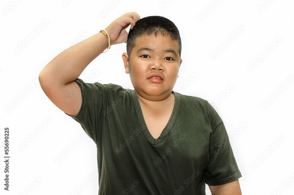 Portrait of shocked fat boy with hands on head over Portrait of shocked fat boy with hands on head over