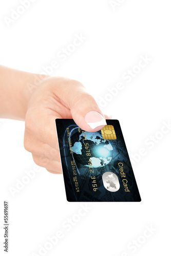 closeup of blue credit card holded by hand over white