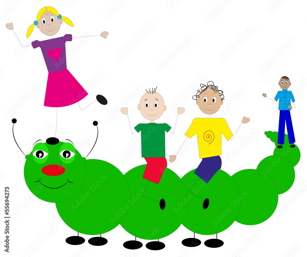 Obraz premium illustrazione di bambini che giocano con un grosso bruco