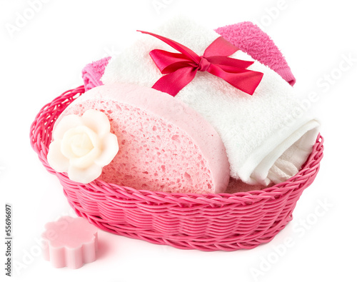 Spa and bath accessories with sponge,soap and towel isolated on