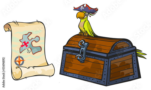 Pirate map, chest and parrot.