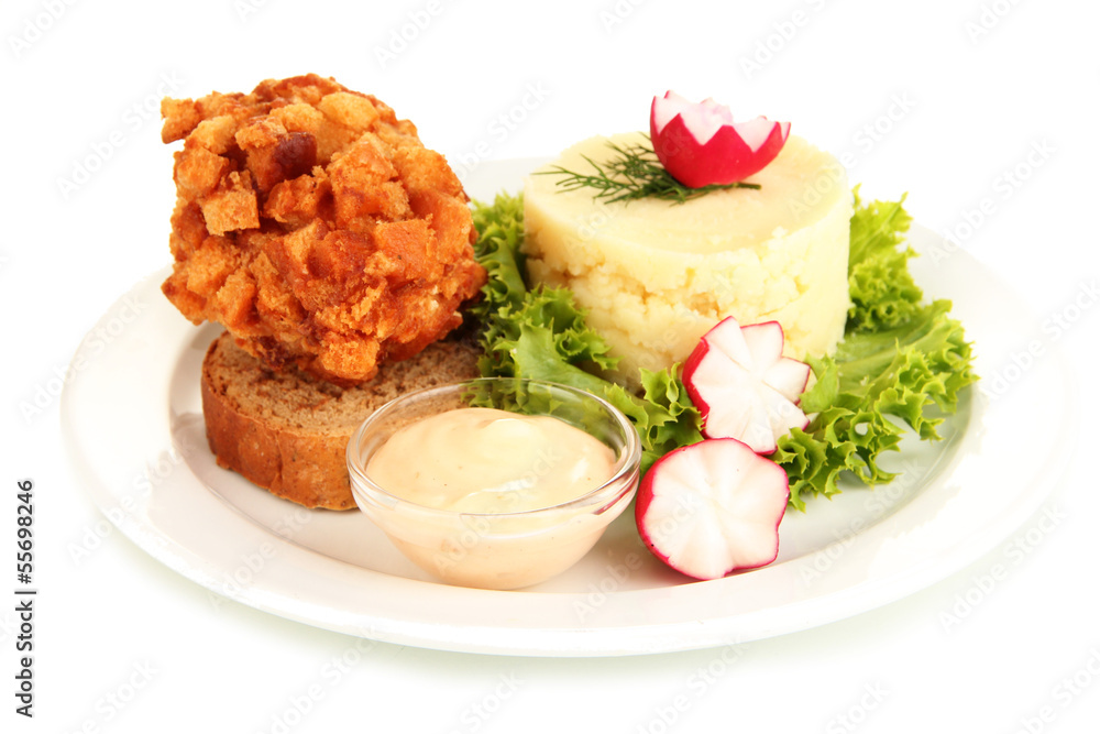 Chicken Kiev on croutons with mashed potatoes, isolated on Chicken Kiev on croutons with mashed potatoes, isolated on