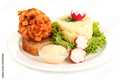 Chicken Kiev on croutons with mashed potatoes, isolated on