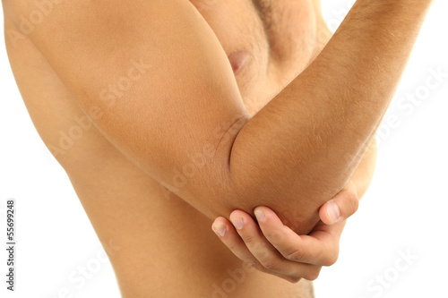 Young man with hand pain, isolated on white