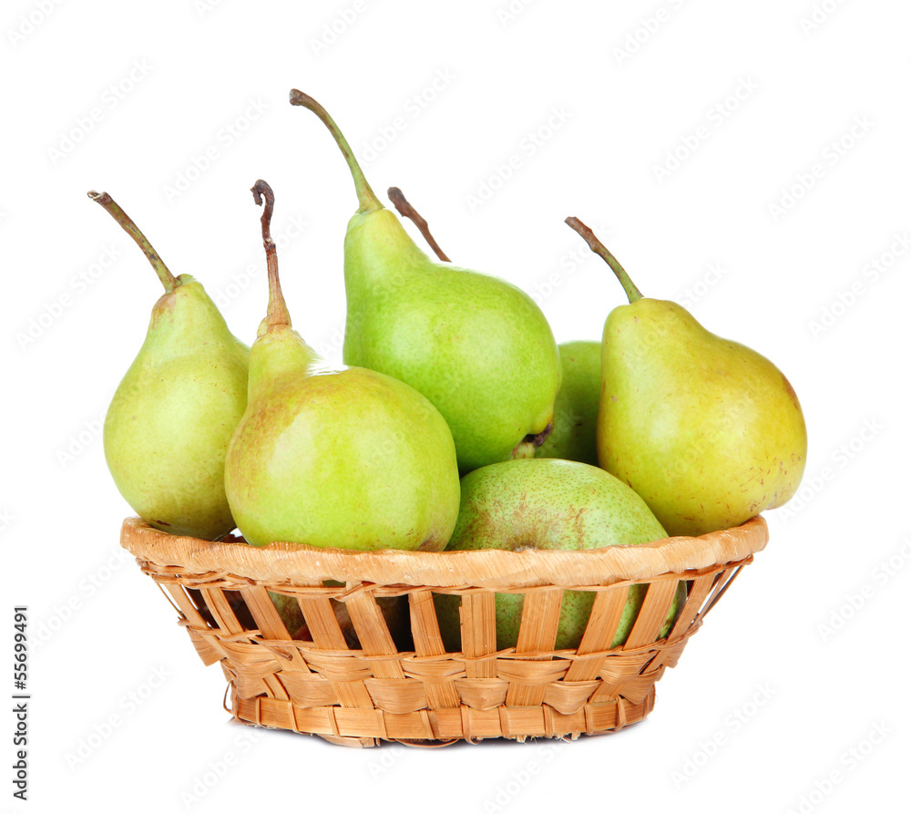 Pears in basket, isolated on white Pears in basket, isolated on white