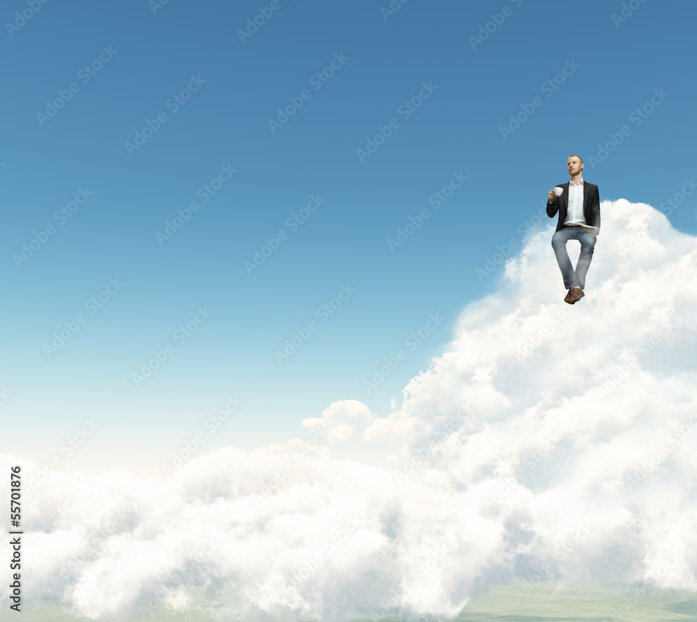 man with cup of coffee sitting on a cloud man with cup of coffee sitting on a cloud