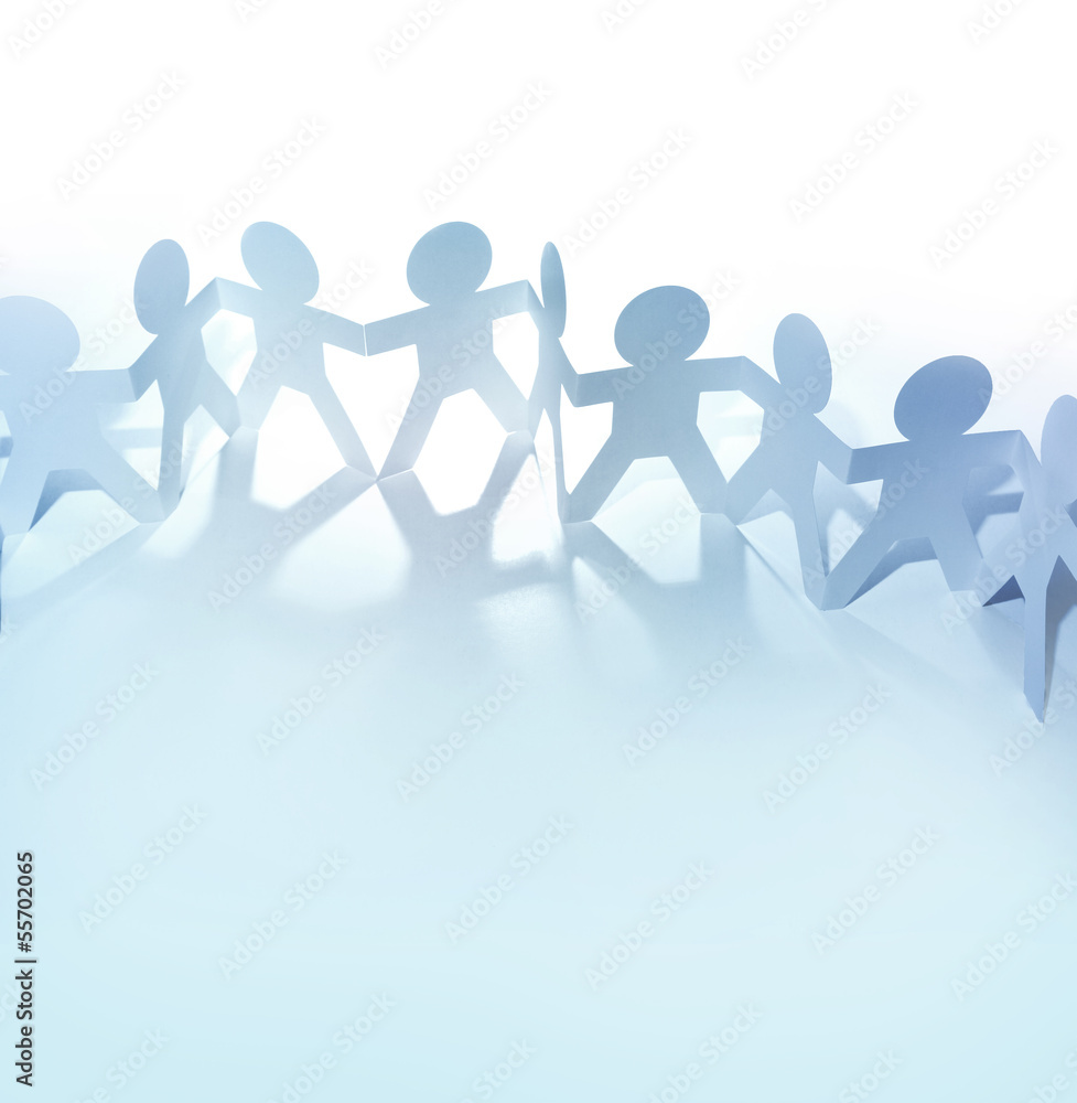 Blue paper chain people team holding hands in a row. Teamwork concept Blue paper chain people team holding hands in a row. Teamwork concept