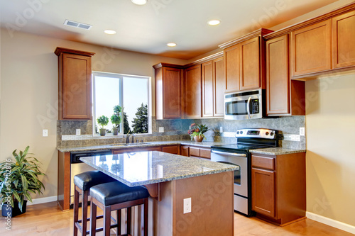 New home kitchen interior with dark brown cabinets.