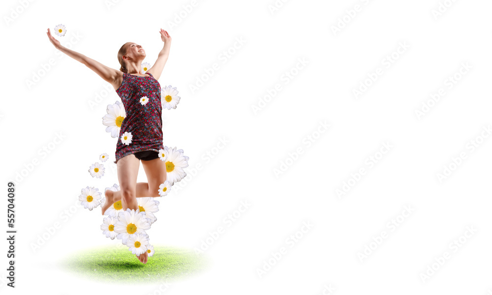Girl in color dress dancing.Collage Girl in color dress dancing.Collage