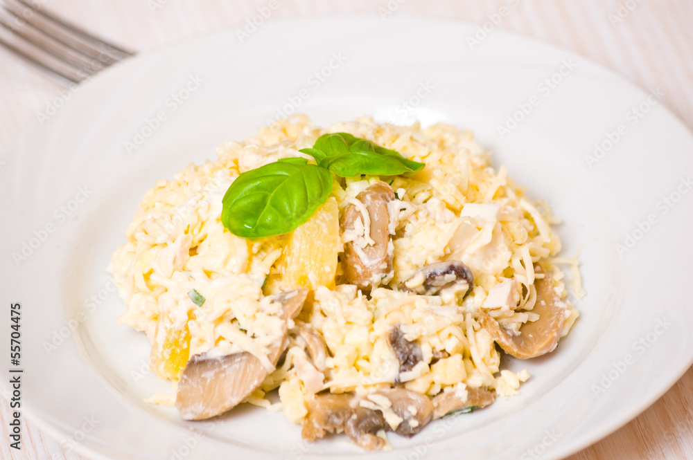salad with chicken breast, mushrooms, pineapple, cheese, egg