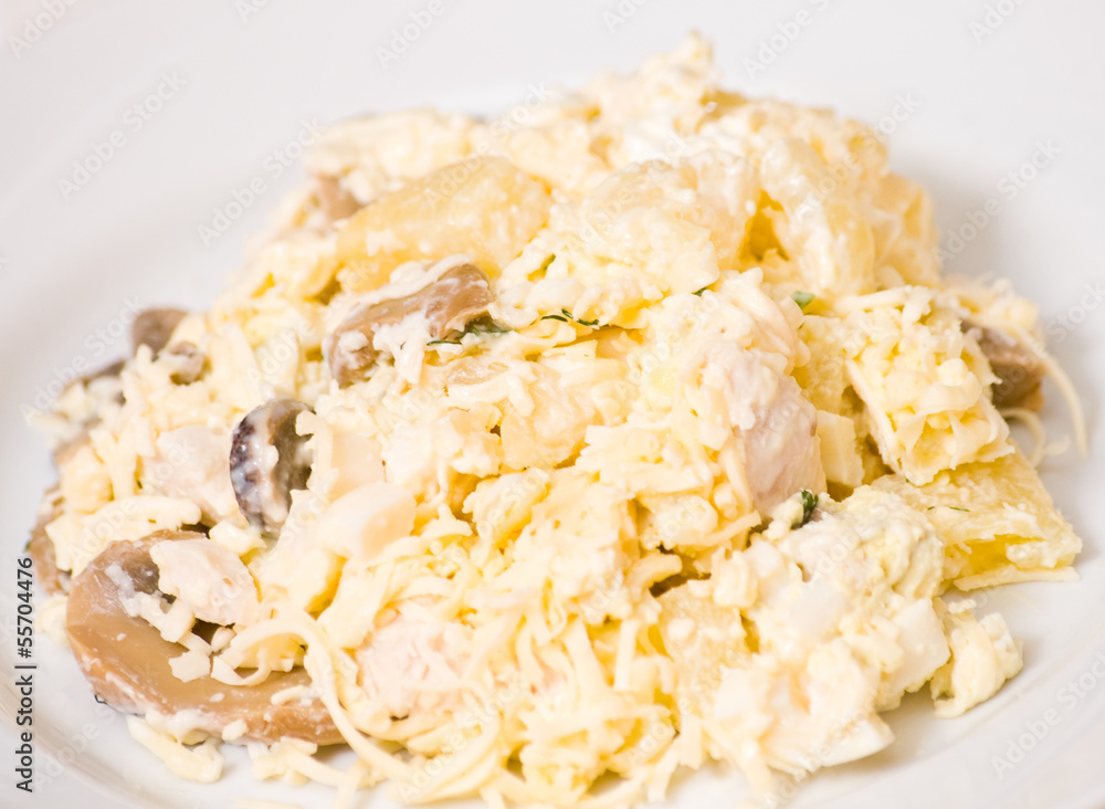 salad with chicken breast, mushrooms, pineapple, cheese, egg salad with chicken breast, mushrooms, pineapple, cheese, egg