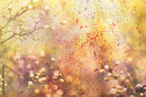 flowering branches and watercolor strokes