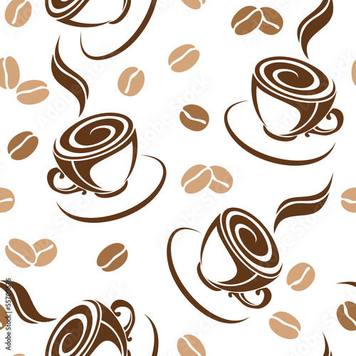 Seamless background with coffee beans and cups. Vector.