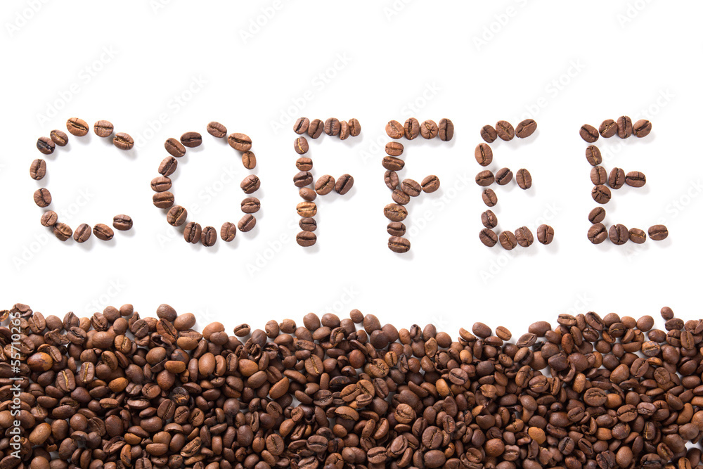 word coffee, roasted beans over white background word coffee, roasted beans over white background