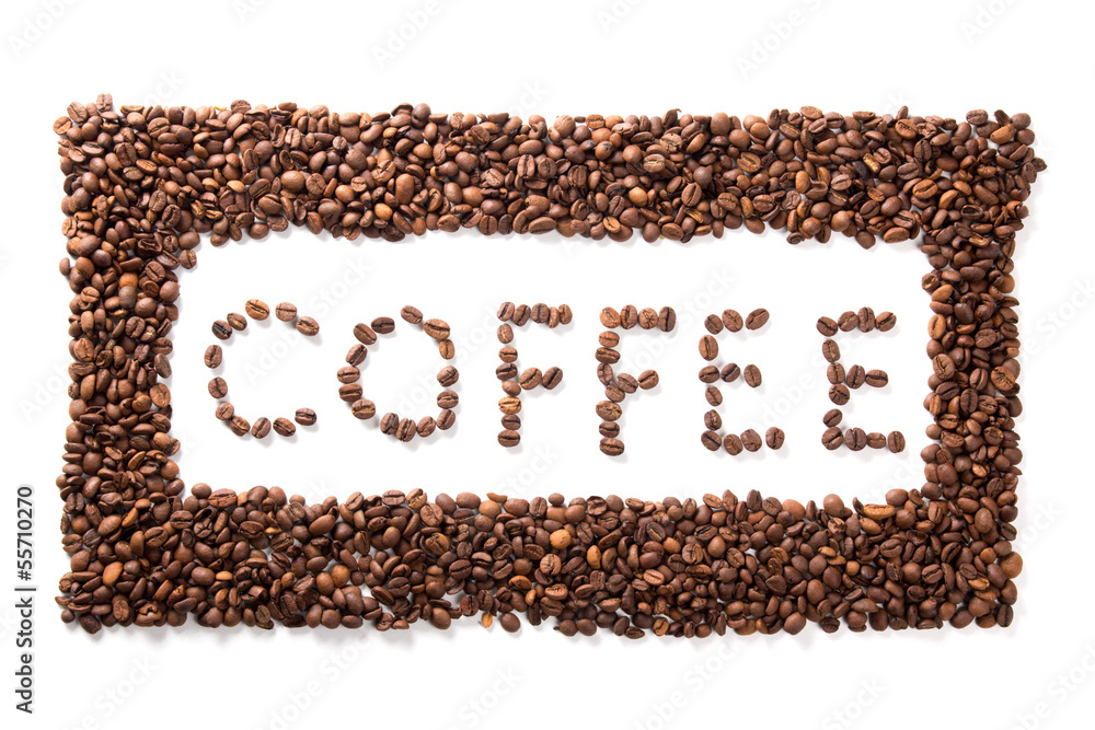 word coffee in frame, roasted beans over white background word coffee in frame, roasted beans over white background
