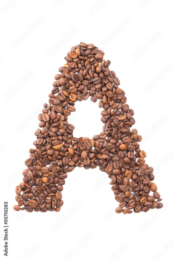 Letter A, alphabet from coffee beans on white background Letter A, alphabet from coffee beans on white background