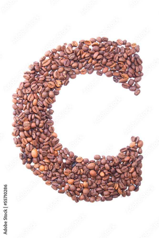 Letter C, alphabet from coffee beans on white background Letter C, alphabet from coffee beans on white background
