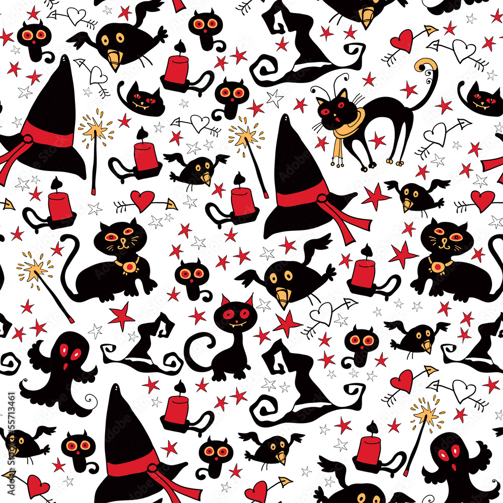 Halloween seamless background with the things witches